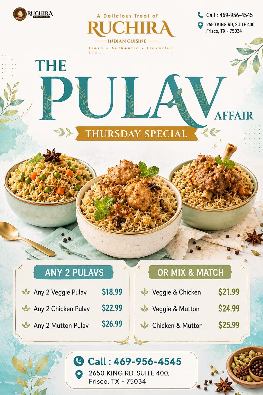 The Pulav Affair Thursday Special: Get Any 2 Pulavs or Mix & Match combo deals (Veggie, Chicken, or Mutton Pulav) starting at $18.99.
