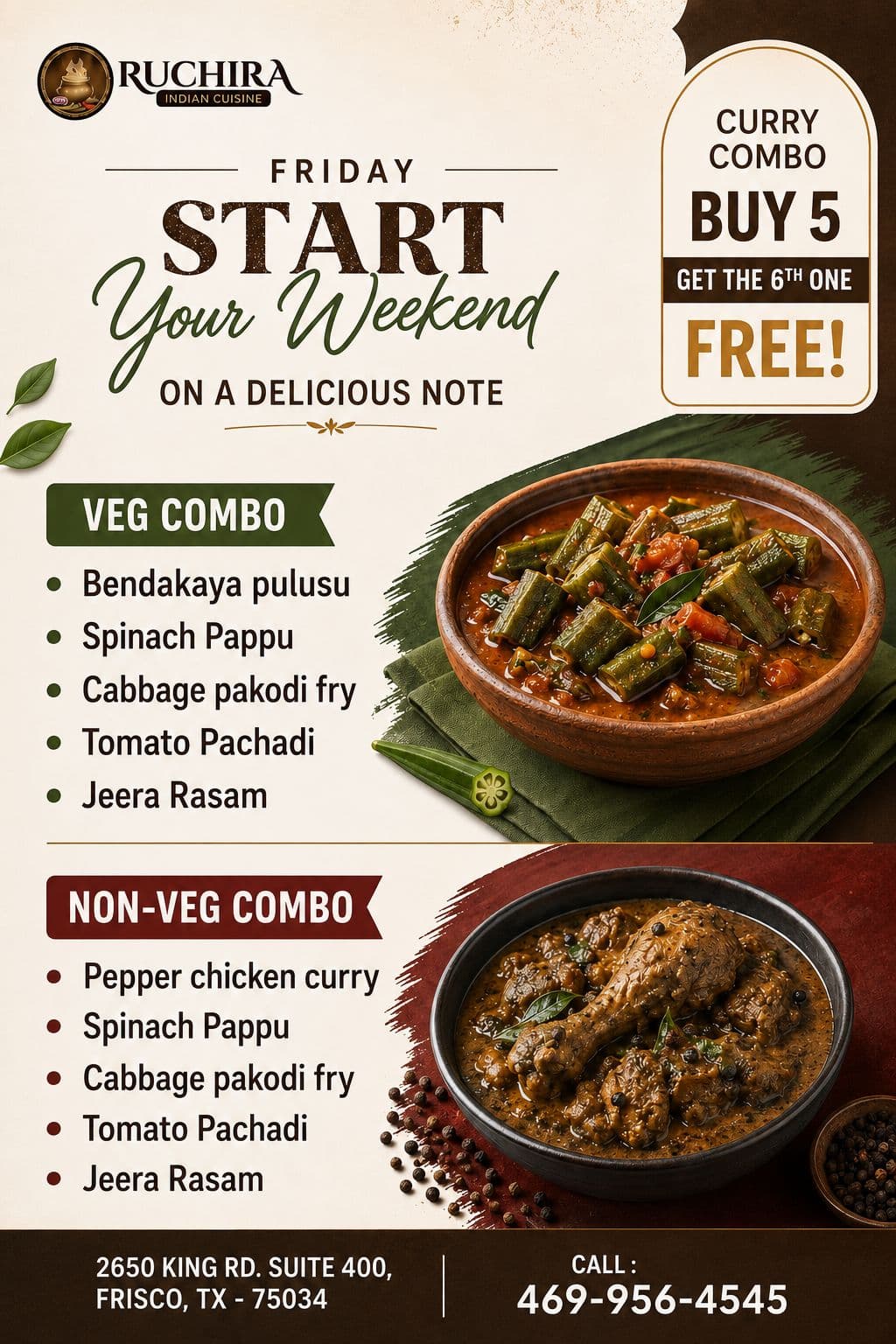Curry Combo: Buy 5 get the 6th one free! Choose from Veg Combo or Non-Veg Combo options.