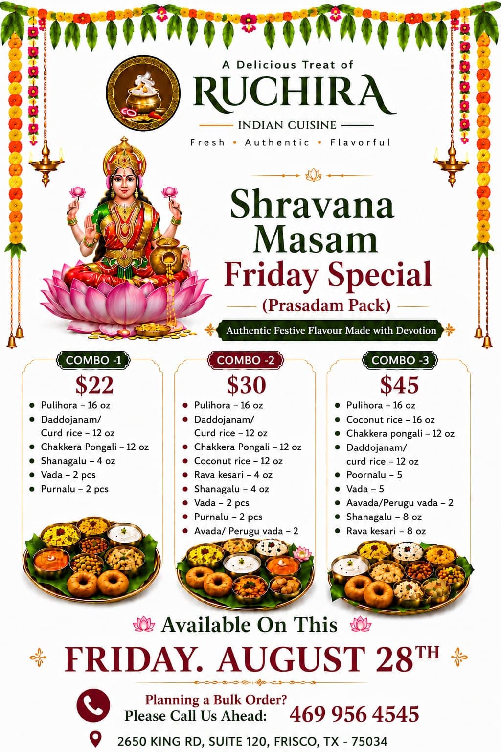 Shravana Masam Friday Special Prasadam Packs offering 3 festive combos ranging from $22 to $45.