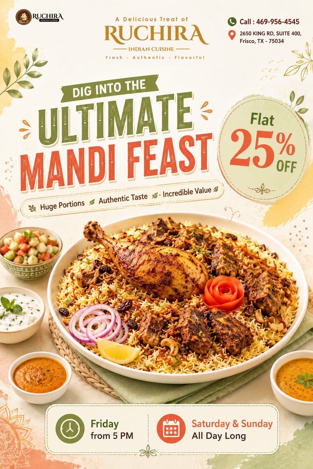 Flat 25% OFF Ultimate Mandi Feast. Valid Friday from 5 PM, and Saturday & Sunday All Day Long.