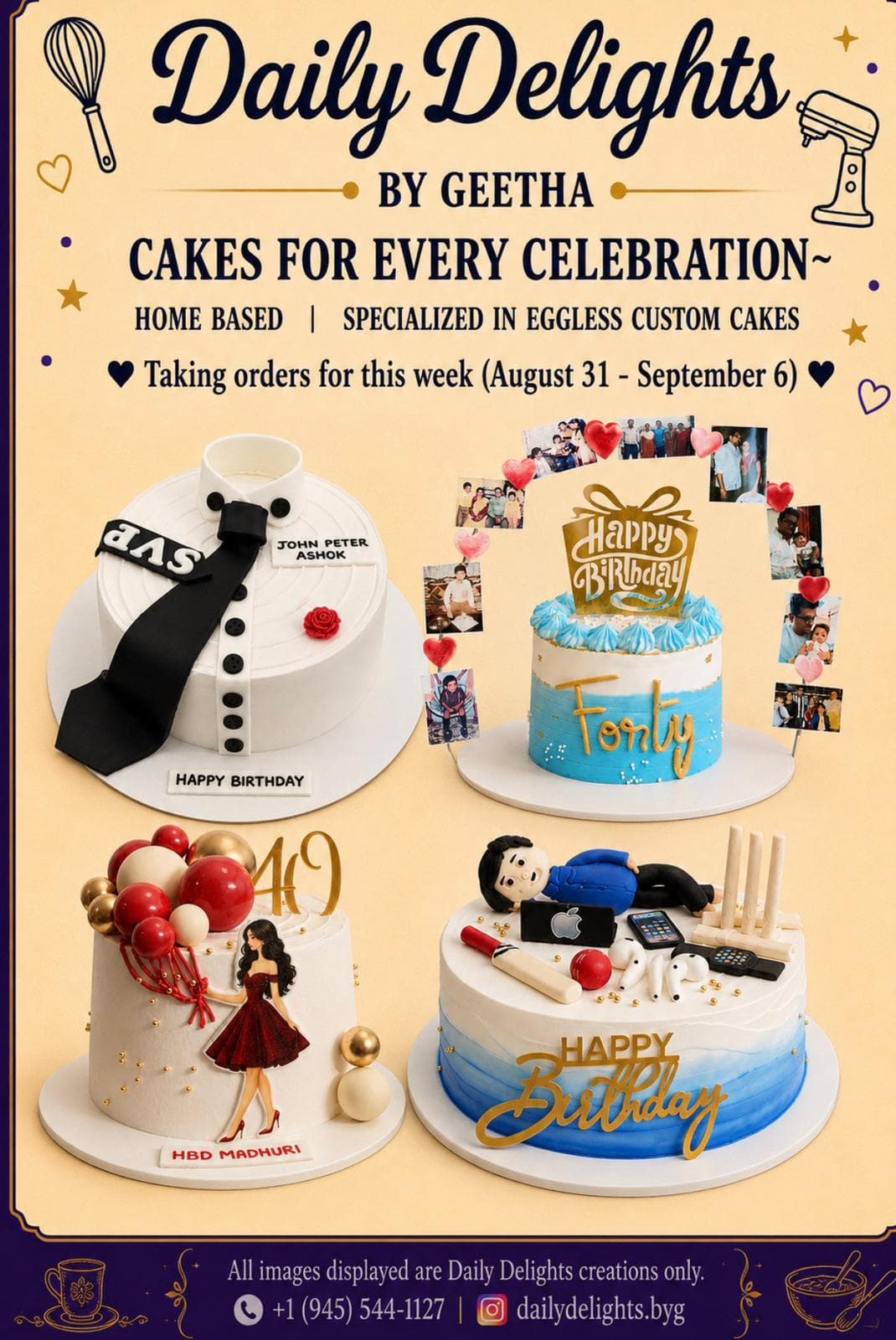 Taking orders for eggless custom cakes for the week of August 31 - September 6