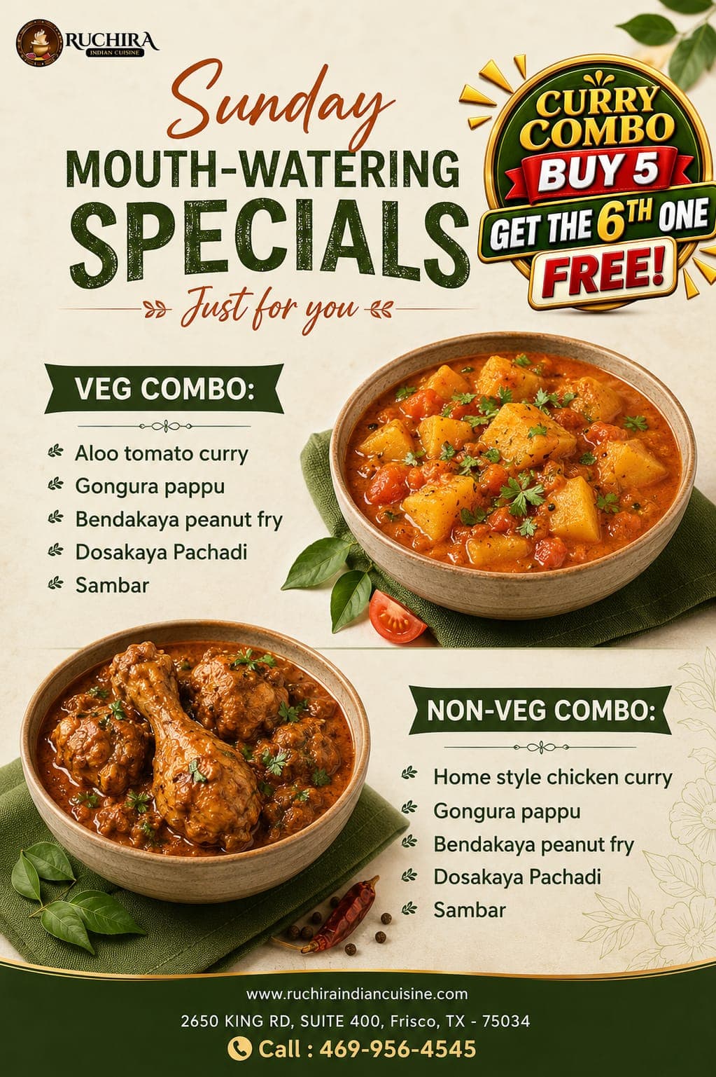Sunday Mouth-Watering Specials: Curry Combo - Buy 5 Get the 6th One Free! Featuring Veg and Non-Veg Combo options.